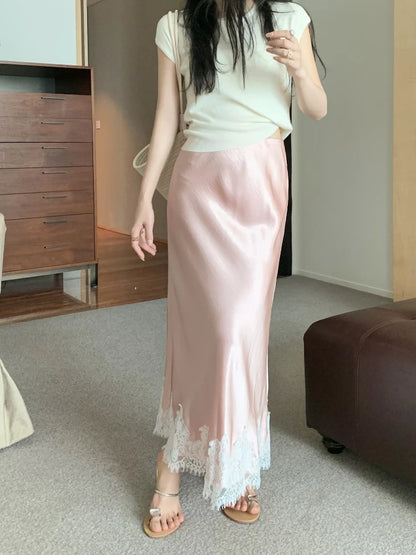 Satin Lace Patchwork Midi Skirt 2025 Women A-line Elegant Smooth Skirt Women Clothing.