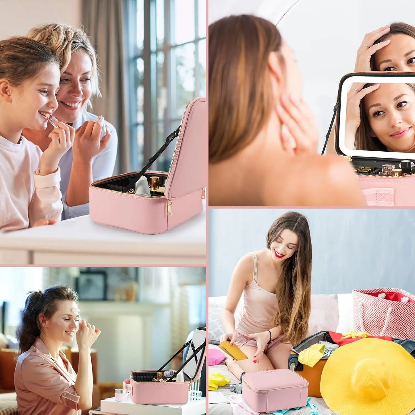 Makeup Bag with LED Mirror Travel Large Train Case Cosmetic Organizer Make Up Bags with 3 Color Lights and Adjustable Dividers.