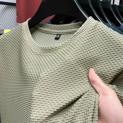 Men's Short Sleeve Mesh Bamboo Ice Silk T-shirt Casual Versatile Summer Elastic Slimming Top for Men.