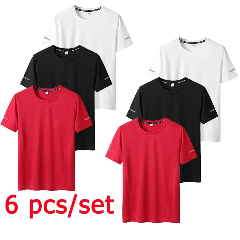 6pcs Men T-shirt Tracksuit Sets Plus Size 5XL/6XL/7XL 90-175kg Quick Dry Round Neck Short Sleeve Sportwear Big Size Men Clothing.