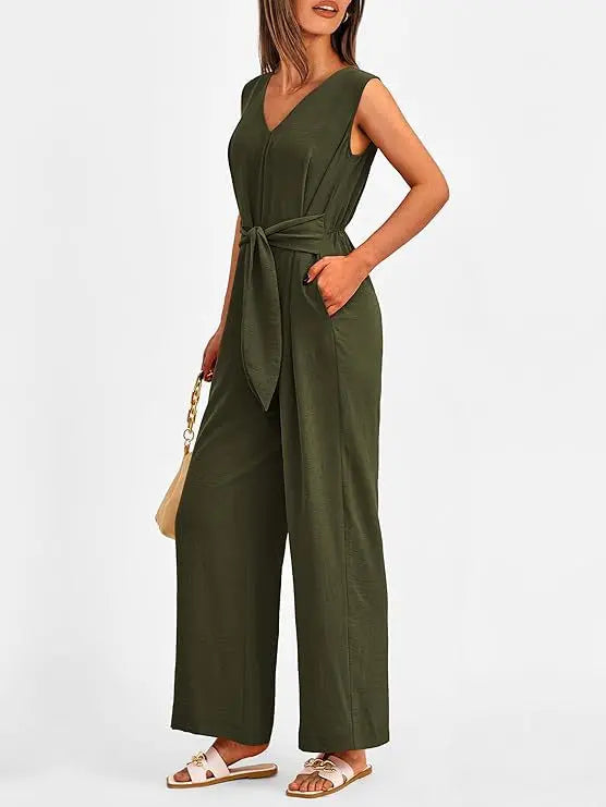 Summer High Waist Lace-up Jumpsuits Women 2025 New Sleeveless V-neck Side Pocket Solid Casual Jumpsuit Office Ladies Rompers
