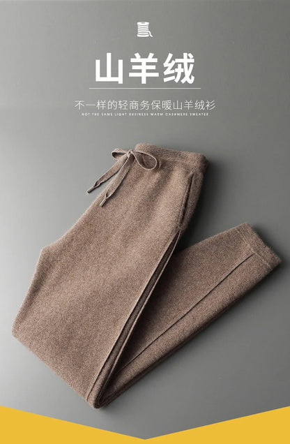 Thickened Four-Point Split Wear-Resistant 100% Cashmere Knitted Pants for Men with Pockets Elastic Waist Drawstring Slim Pants.