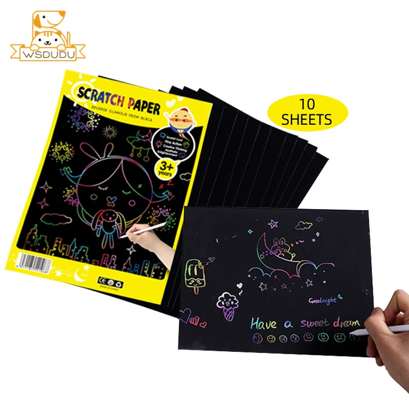 Scratch Art Paper Set 10 Sheets 5 Stencil Templates World Landmarks Animal DIY Kit Creative Painting Craft Magic Toy Kids Gift.