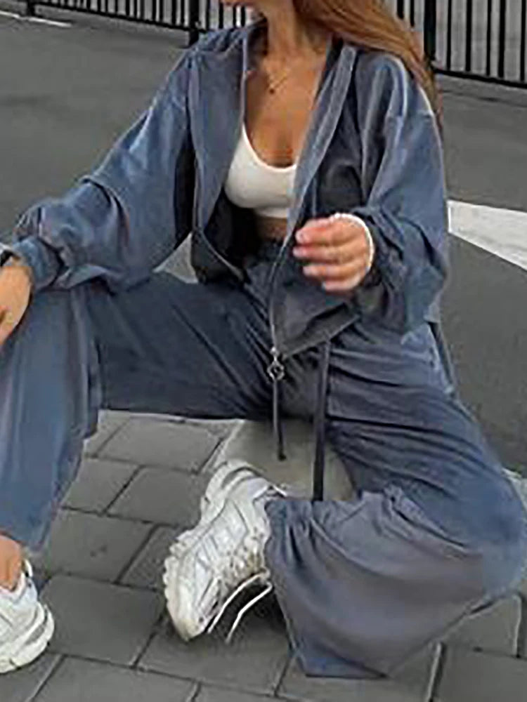 Women Autumn Hooded Coat Two Pieces Sets, Solid Patchwork Wide Leg Pants Chic Outfit, New Long Sleeve Casual Simple Ladies Suits.