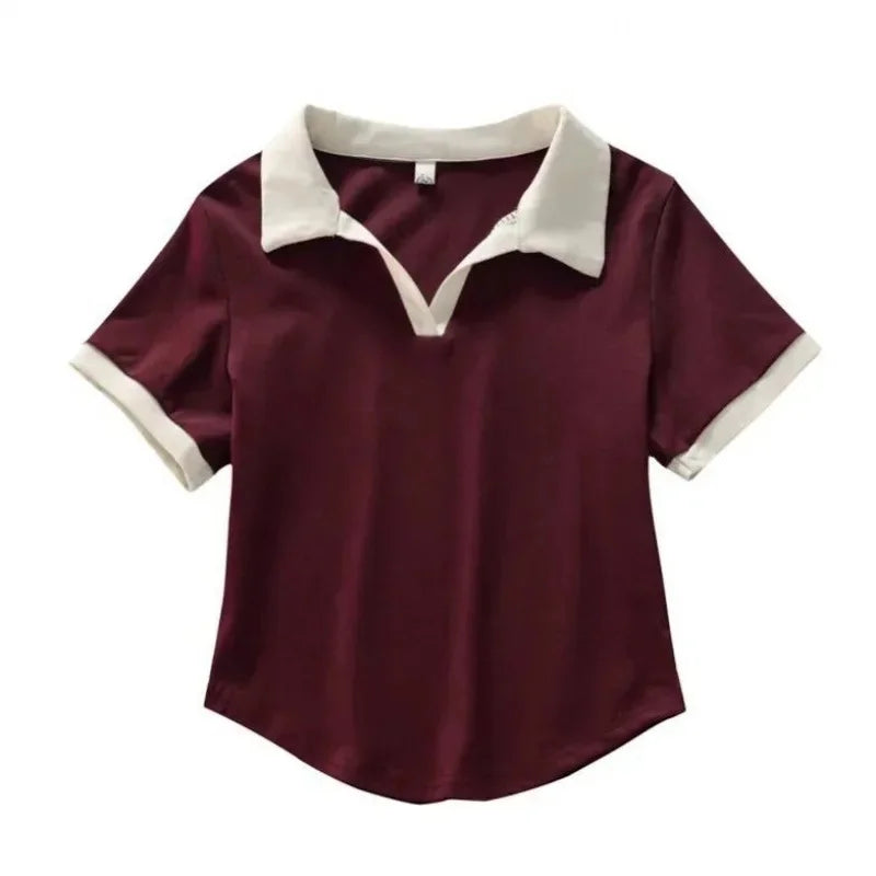 Slim Fit Polo Neck Short Sleeve T-Shirt Women's Summer Fashion Design Contrast Color Casual Versatile Top Body Shaping.