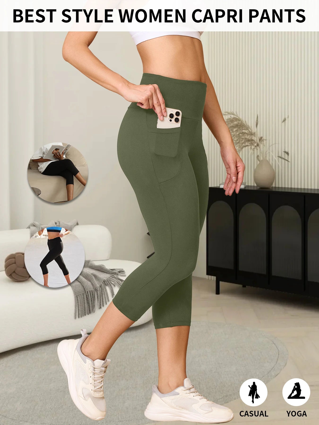 High Waisted capri pants For Women With Pockets Tummy Control No See Through Workout Running Yoga Athletic Push Up Gym Leggings.