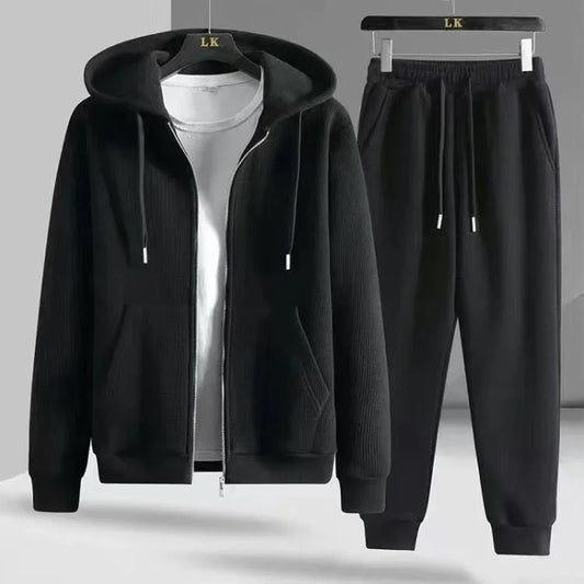 Pure Color Sportswear Set Hooded Open Cardigan Men's Women's Couple Sweatshirt Two-Piece Set for Autumn Winter Spring.