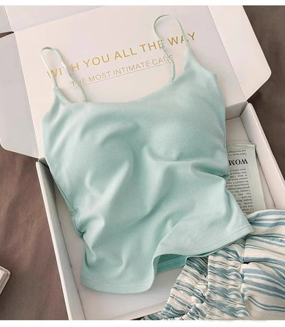 Einfarbiger Pyjama mit Brustpolstern, gestreifte Shorts für Damen, Sommer, dünne Leibchen-Shorts, Loungewear, großer Pyjama, zweiteiliges Set