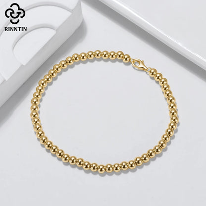 Rinntin 14K Gold 925 Sterling Silver 4mm Bead Ball Strand Chain Bracelet for Women Trendy Handmade Bracelets Jewelry SB103.