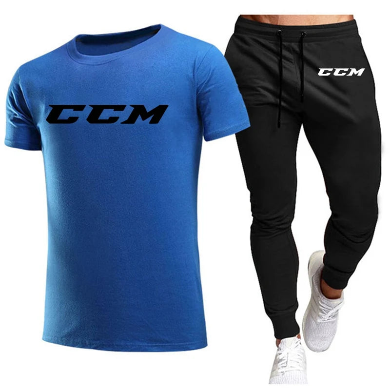 CCM New Men's Tracksuits summer men's sets fitness wear short-sleeved T-shirts+trousers set cotton brand Men's clothing.