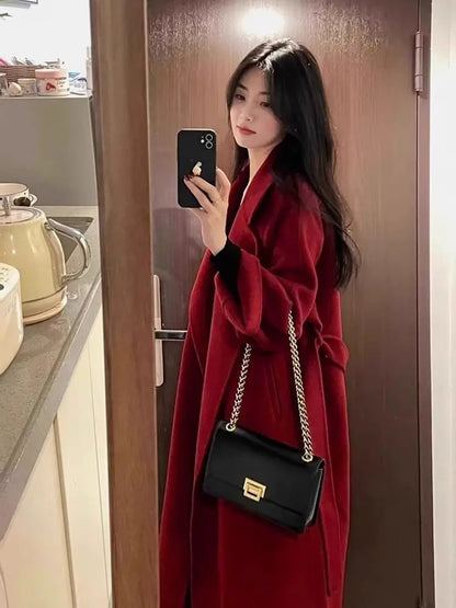 Mode Schwarz Lange Woolen Mantel Mit Gürtel Frauen Lose Revers Mantel Herbst Winter Warme Dame Oberbekleidung High Street.