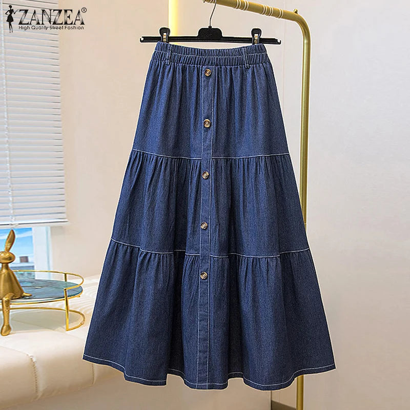 Autumn Elastic Waist Solid Skirts ZANZEA Fashion Women Denim Blue Skirt Elegant A-line Work Overskirts Casual Loose Holiday Jupe.