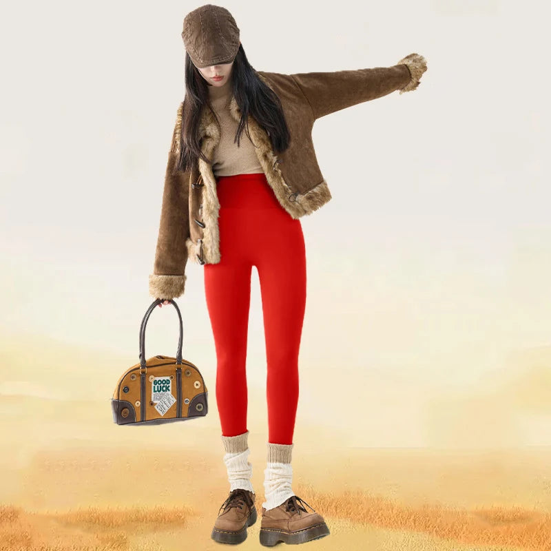 BIVIGAOS New Autumn Winter Cashmere Velvet Shark Leggings Women Red No-trace Thickened High Waist Butt Lifting Warm Leggings.