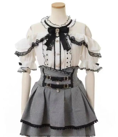 Jirai Kei Sweet Lolita Skort 2024 Summer - Double Bowknot High Waist Short Skirt with Leather Buckle Slim Fit Adjustable Waist.
