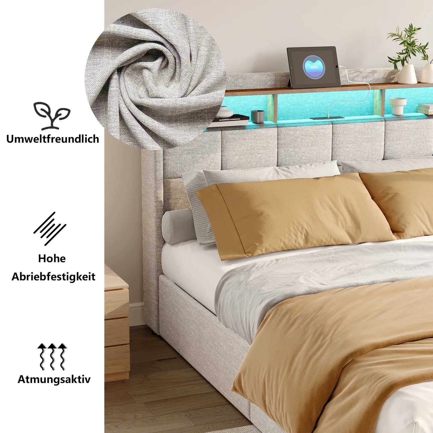 Lazyspace Bettgestell aus Leinen mit Stauraum, gepolstertes Bett mit 4 Schubladen, LED-Licht und USB-Aufladung vom Typ C, Schlafzimmermöbel