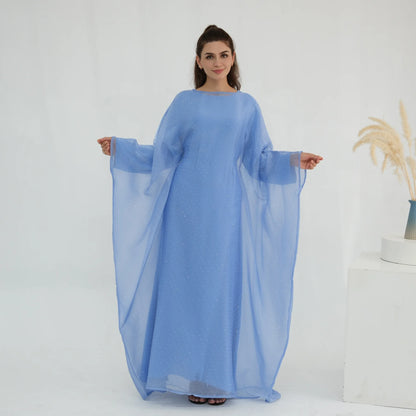 Eid 2 Piece Muslim Woman Set Diamonds Butterfly Abaya with Matching Inner Dress Dubai Luxury Kebaya Caftan Marocain Islam Outfit