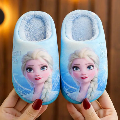 Disney Princess Elsa Winter Children's Heel Cotton Slippers Girls' Warm Frozen Kids' Cotton Black Purple Flats Shoes Size 24-40