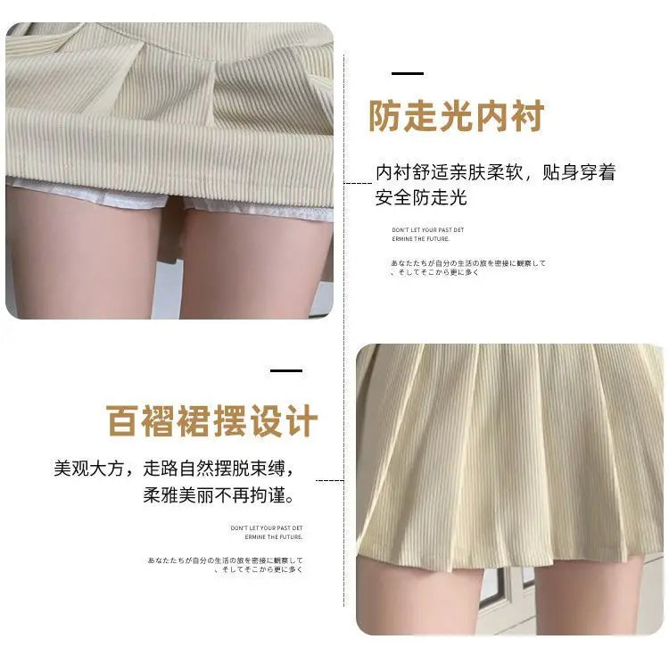 Pleated Mini Skirts Women Japan Students Corduroy Preppy Style Autumn Winter Basic Solid Bottoms Chic Vintage JK Slim All-match.