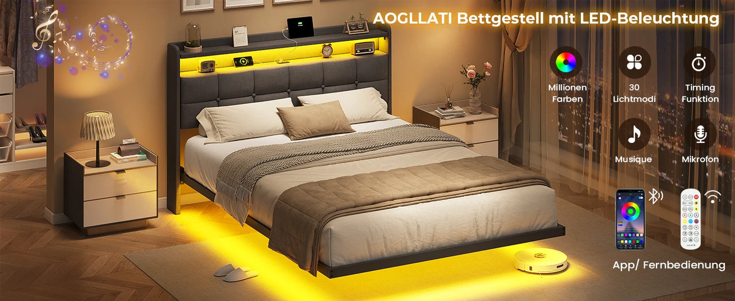 140 x 200 cm großes Polsterbett mit Doppelbettrahmen und LED-Beleuchtung und Ladestation. Kopfteil inklusive schwebendem Bettdesign