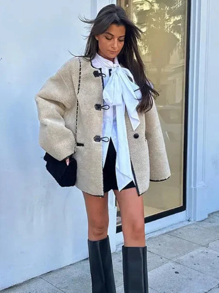 ZBZA Women's Faux Wool Jacket Loose Retro O-neck Single Breasted Long Sleeve Double Pocket Casual Overcoat Fall Winter Chic Coat.