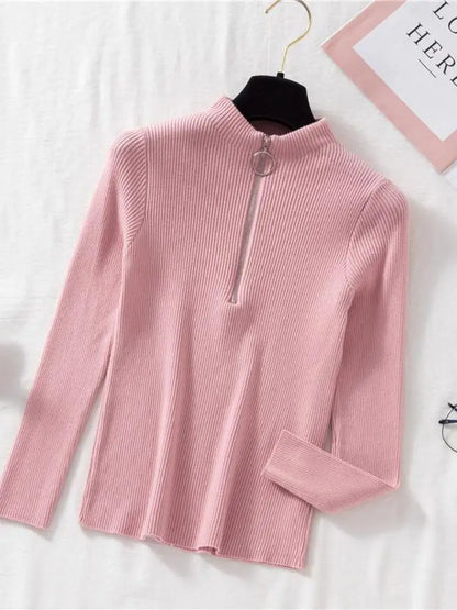 Frauen Fashion Solid Strick Pullover Vintage Langarm Zip-up Grundlegende Hälfte Rollkragenpullover Weibliche Pullover Chic Casual Tops