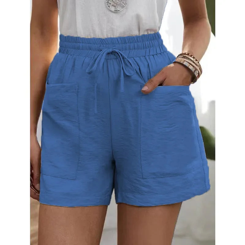 Women's High-waisted Loose-fit Solid Color Casual Shorts Pocket Bell Bottoms.