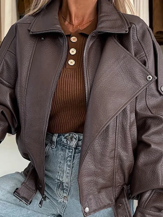 Mode Straße Einfarbig Oberbekleidung Kleidung Vintage Büro Lange Ärmeln Frauen Jacke Neue 2025, Herbst Revers Zipper Leder Mantel