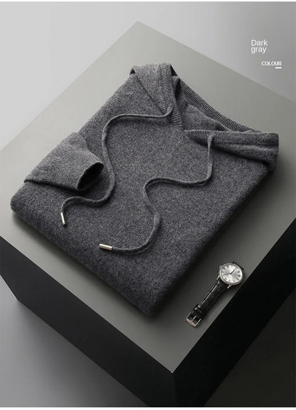 100% Cashmere Sweater Men's Ready-To-Wear Hooded Knitted Pullover Autumn Winter Long Sleeved Sweater Casual Sports Hoodie Top