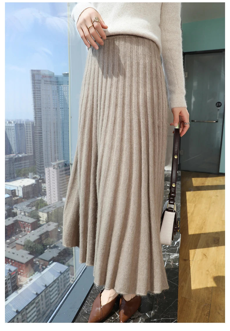 Autumn And Winter Fashion Mink Cashmere Mid Length High Waist Skirt For Women, Knitted Umbrella Skirt, Fashionable Pleated Skirt.