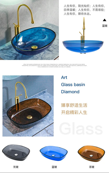 Farbiges, transparentes Badezimmerwaschbecken aus gehärtetem Glas, Hotel, modernes Aufsatzwaschbecken, Waschbecken mit Wasserfall-Wasserhahn, 49 x 35 x 13 cm