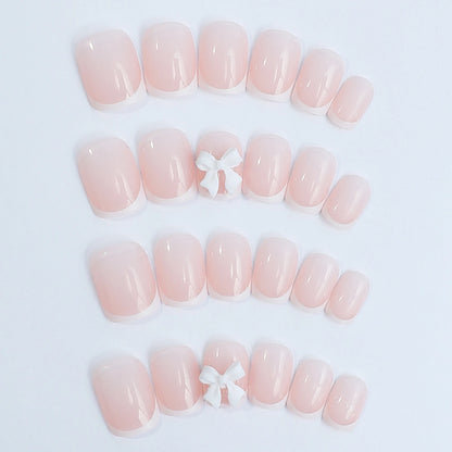 White French Press on Nails 3D Bowknot Fake Nails Tips Full Cover Wearable False Nails for Women and Girls DIY Manicure 24Pcs.