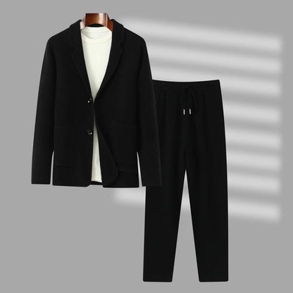 100%Cashmere Suit Men's Suit Collar Knitted Cardigan Business Casual Coat High Waisted Knitted Shorts Winter Thick Two-piece Set