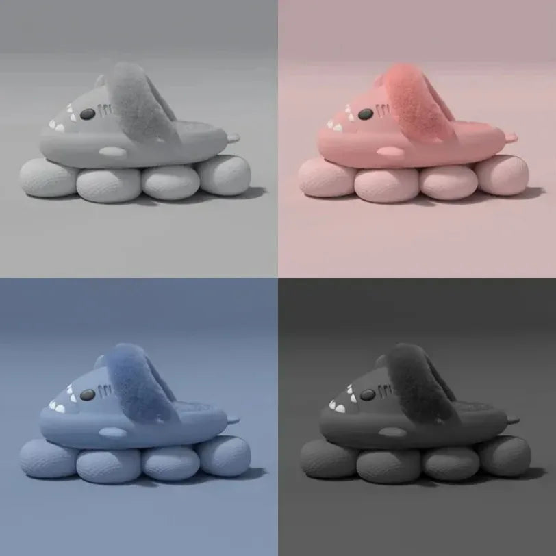 Women Shark Slippers Slides Platform Winter Warm Fluffy Sandal Home Cloud Clapper Soft Room Shoes Children Plush indoor Boy Girl.