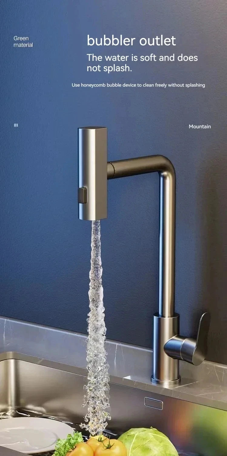 Gunmetal grey pull-out kitchen sink faucet, water flow spout, stainless steel, hot and cold water mixer, deck mounted faucet