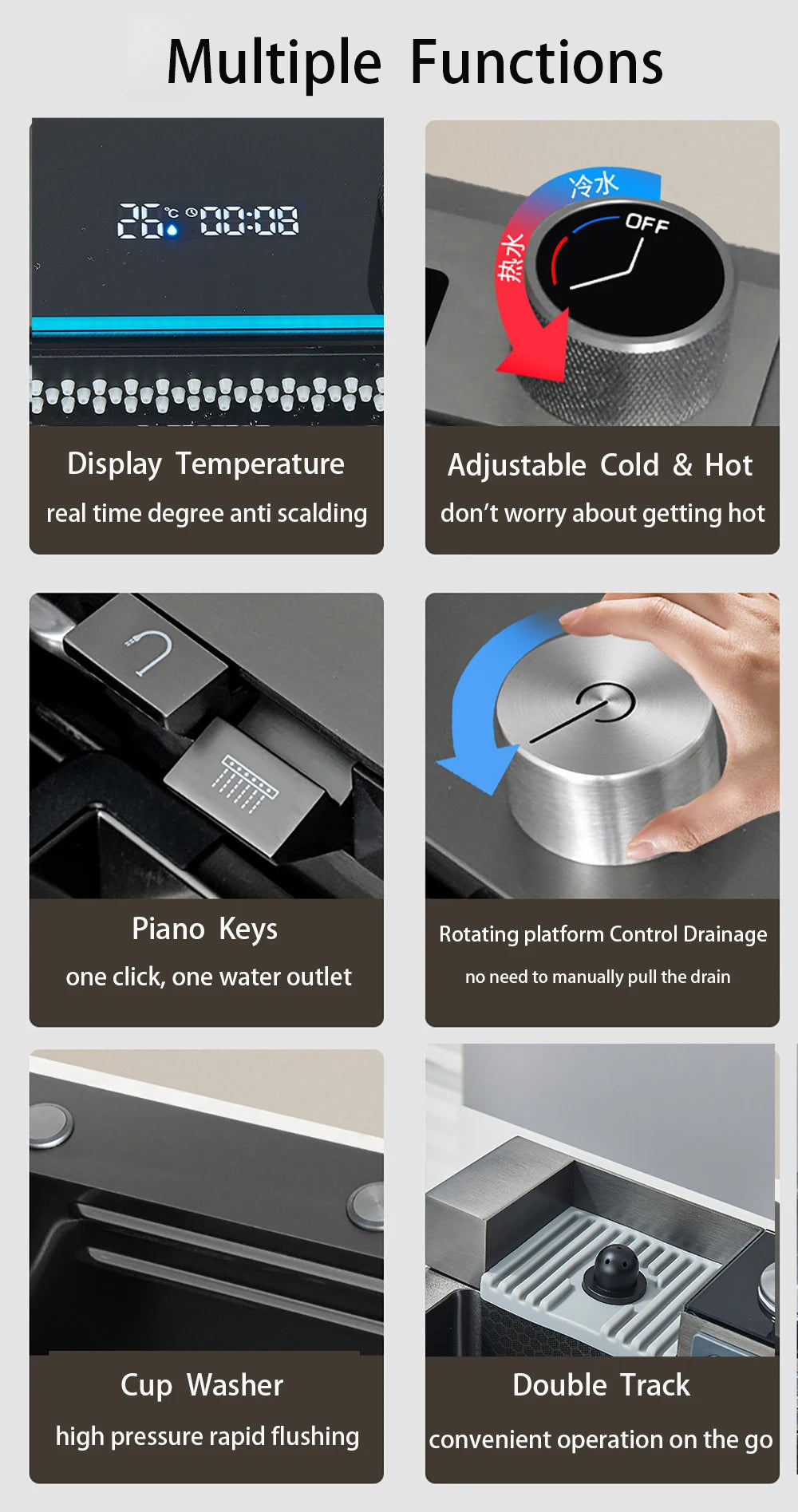 Multifunktionales Wasserfall-Spülbecken für die Küche, Digitalanzeige, großes einzelnes graues Spülbecken, Spülbecken, Spüle aus Edelstahl 304