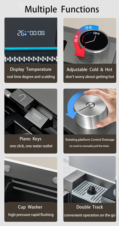 Multifunktionales Wasserfall-Spülbecken für die Küche, Digitalanzeige, großes einzelnes graues Spülbecken, Spülbecken, Spüle aus Edelstahl 304