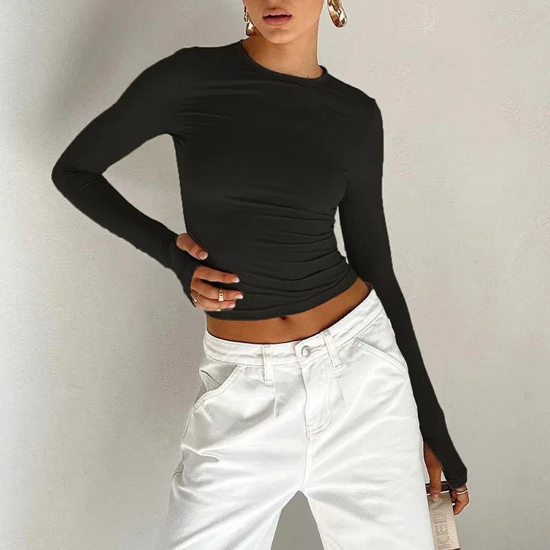 Modisches Damen-T-Shirt mit langen Ärmeln, Rundhalsausschnitt, solides Slim-Fit-Damen-Crop-Top mit Daumenlöchern für den täglichen Streetwear-Sommer-Camis