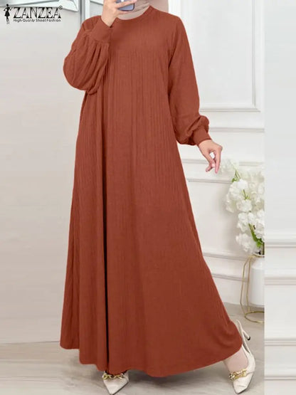 ZANZEA Fashion Muslim Abaya Women Autumn Maxi Sundress Casual Long Sleeve Kaftan Hijab Vestido Solid Loose Islamic Clothing 2024.