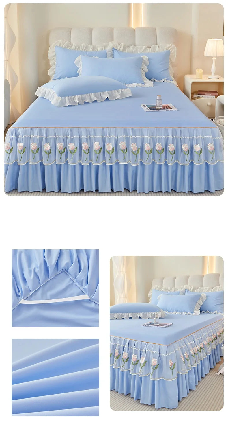 Floral Style Bed Skirt Embroidered Bed Cover Single/Queen/King Size Bed Linen Home Sheet with Skirt 침대스커트(Pillowcase Need Order).