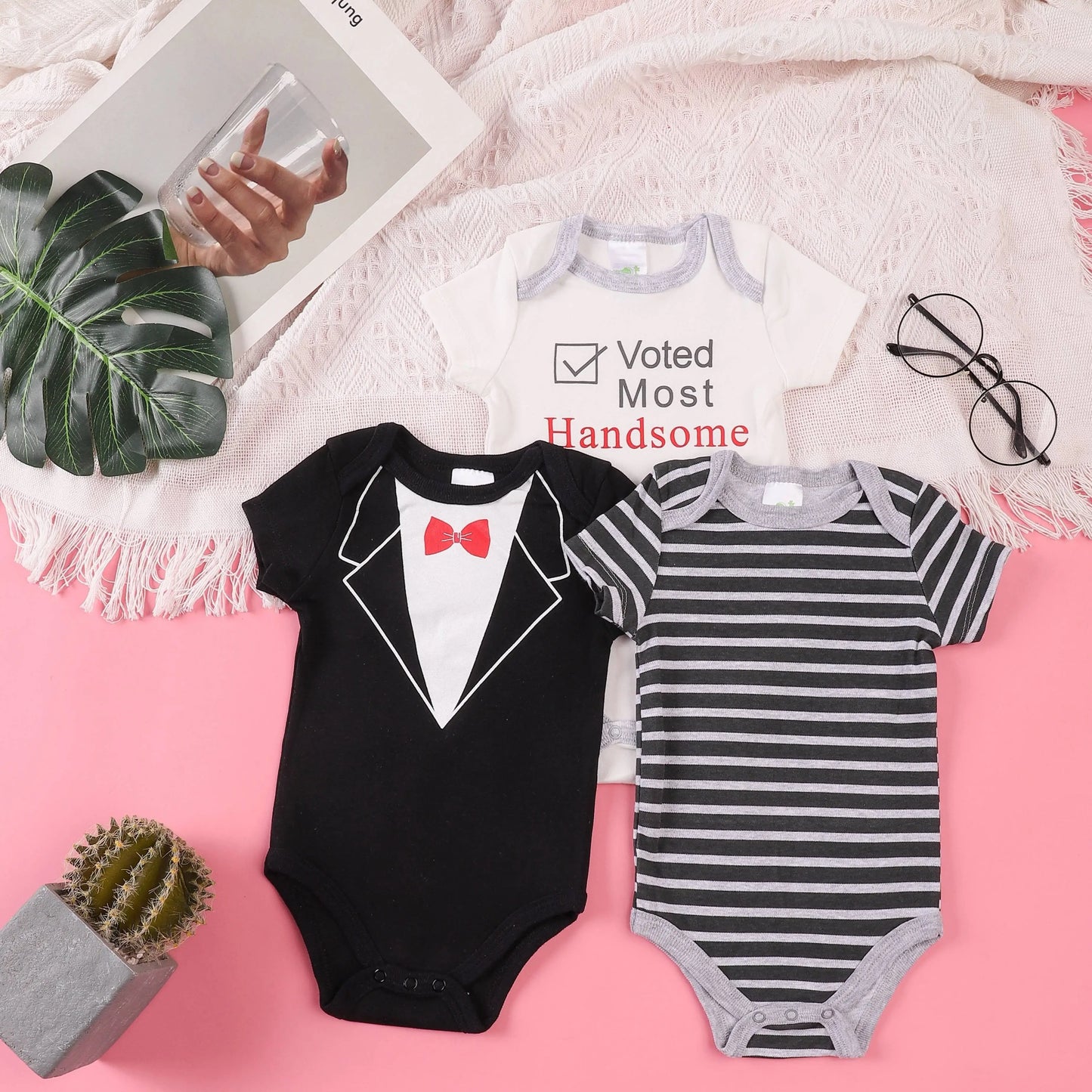 3PCS Sommer Jungen und Mädchen Nette Muster Hoodie Set Kurzarm Dreieck Overall Neugeborenen Baumwolle Bequeme Overall Pyjamas