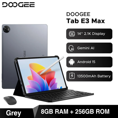 DOOGEE Tab E3 Max Tablet PC Android 15 Gemini AI Quad Speakers 14'' 2.1K Display 32GB(8+24) RAM 256GB ROM 13500mAh Battery Pad
