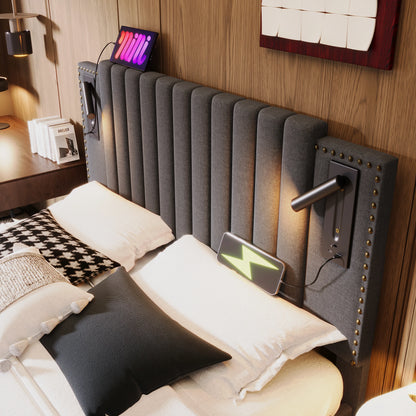 KOMHTOM Polsterbett Doppelbett, Leselicht und USB-Ladefunktion im Kopfteil, Baumwollmaterial, ohne Matratze