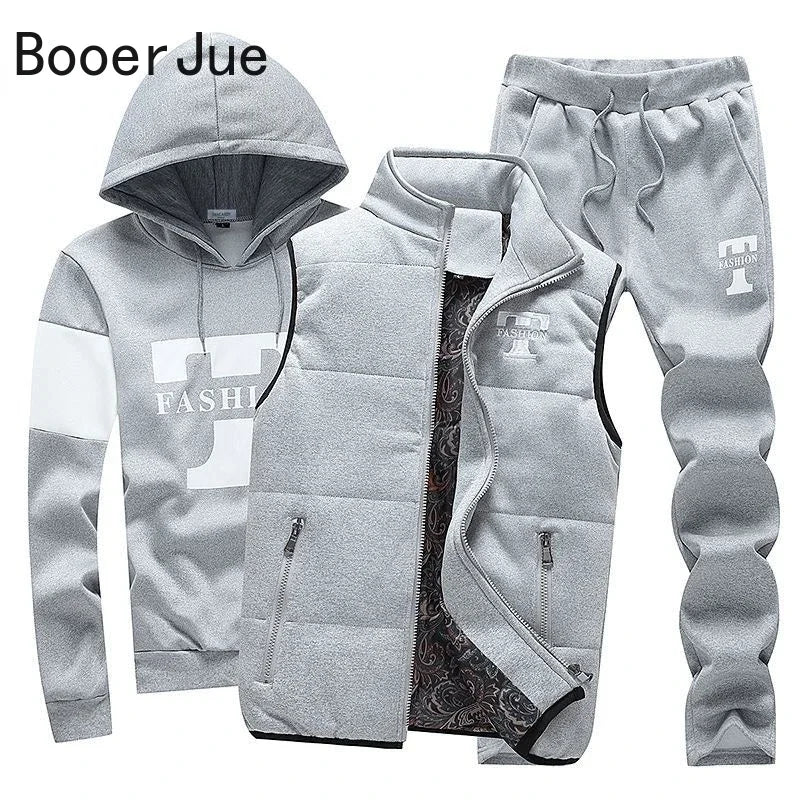 3 Pieces Set Hoodies+Vest+Pants Casual Men's Track Suit Clothing Coats Winter Thick Warm Tracksuit for Men Printed Mens Set Vest