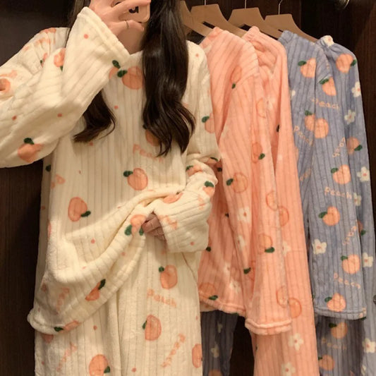Winter-Damen-Pyjama-Homewear-Anzug, neues warmes Set aus Korallen-Fleece für Herbst und Winter, bequemer warmer Pyjama-Homewear-Anzug