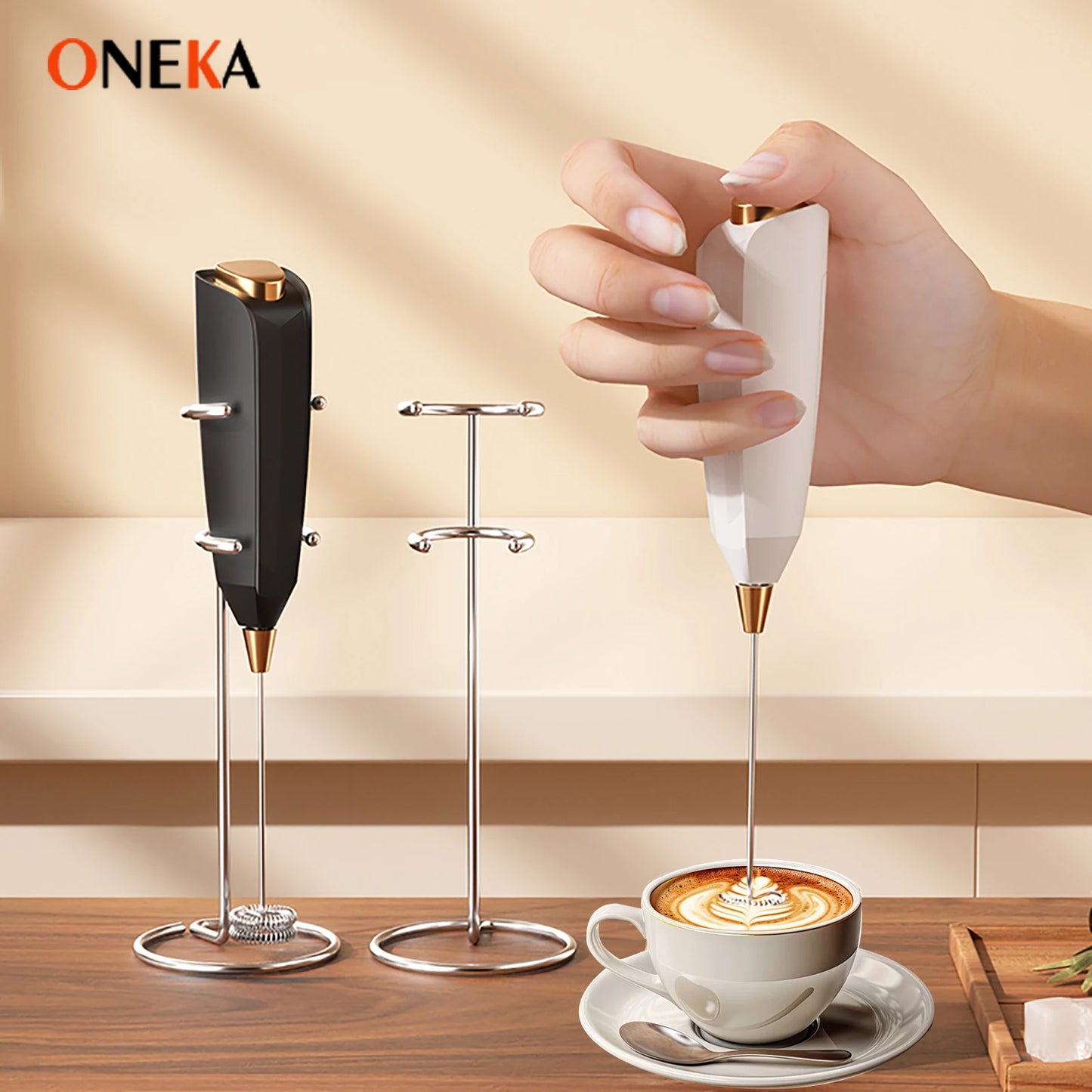 Electric Milk Frother Handheld for Coffee Mini Drink Mixer Whisk Coffee Foamer Wand with Stand for Lattes Cappuccino Gift Idea.