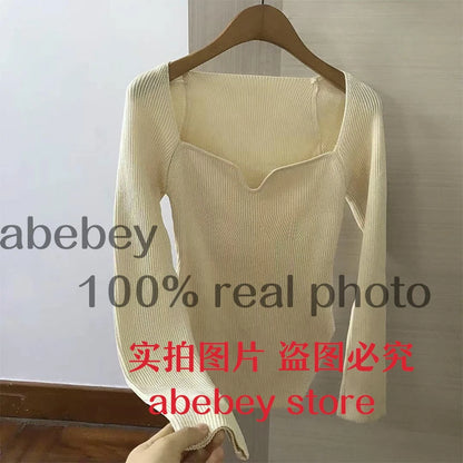 Quadrat Kragen Langarm Frau Pullover Gestrickte Pullover Frauen Frühling Herbst Pullover Winter Tops Für Frauen Schwarz Weiß Jumper