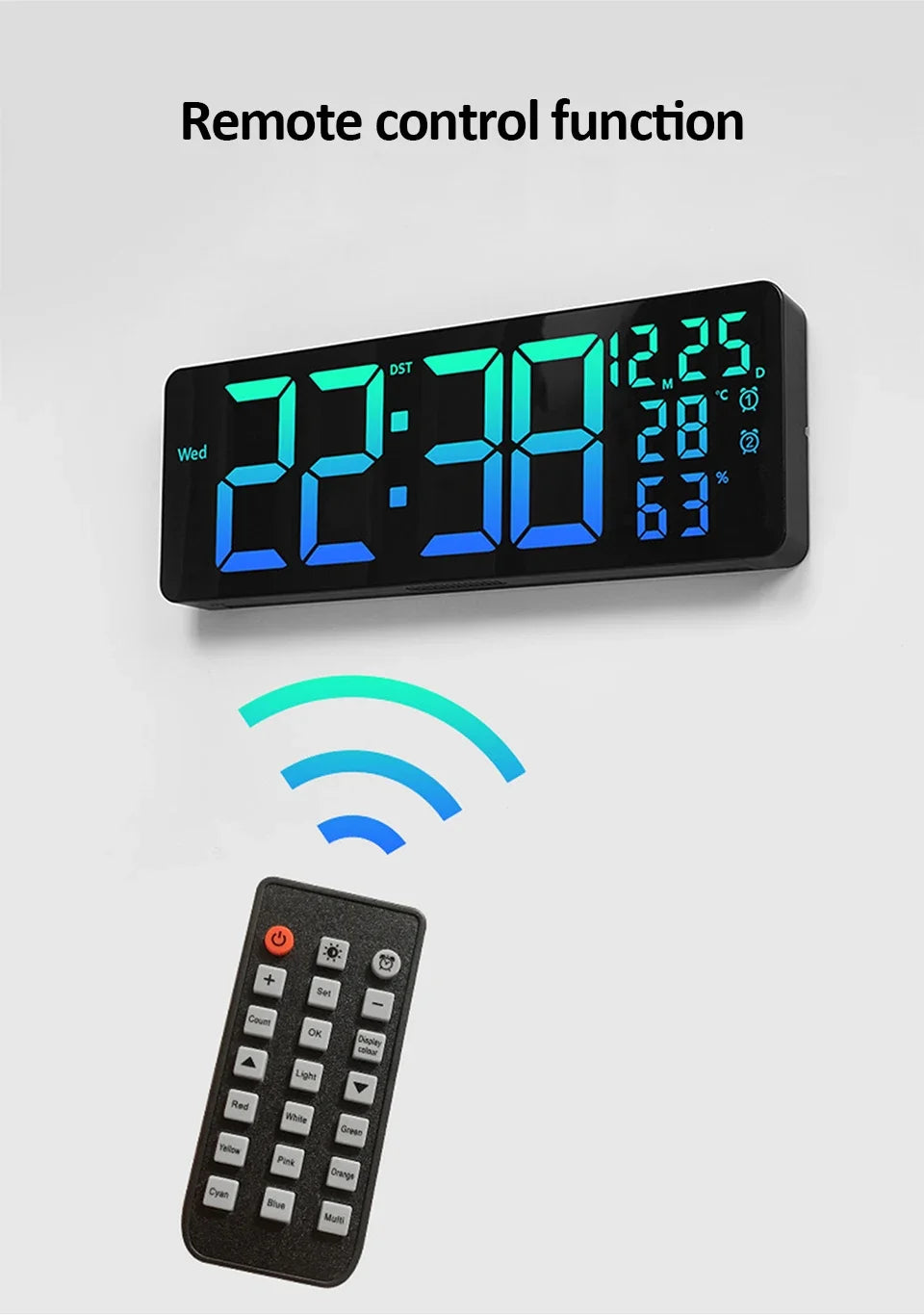 17-Zoll großer digitaler Wecker mit 11 Farben und dynamischem RGB-Display, RGB-LED-Wanduhr mit Farbwechsel/Doppelalarm/Raumdekoration