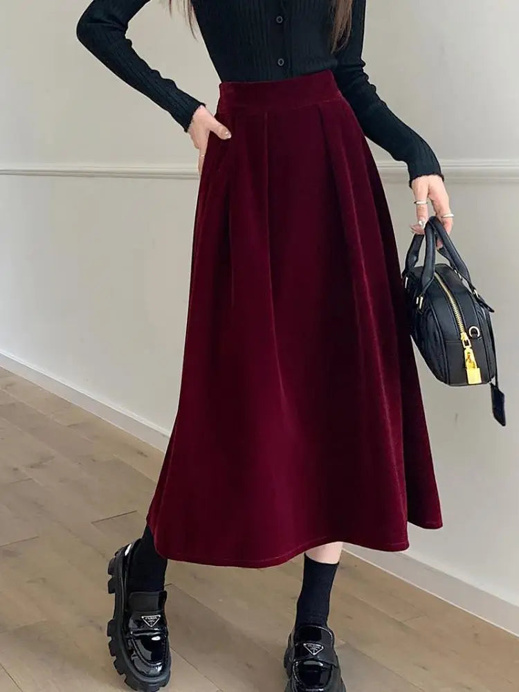 Autumn Winter Warm Vintage Red Elegant Velvet A-line Skirt For Women 2023 High Waist Casual Black Party Pleated Big Swing Skirts.