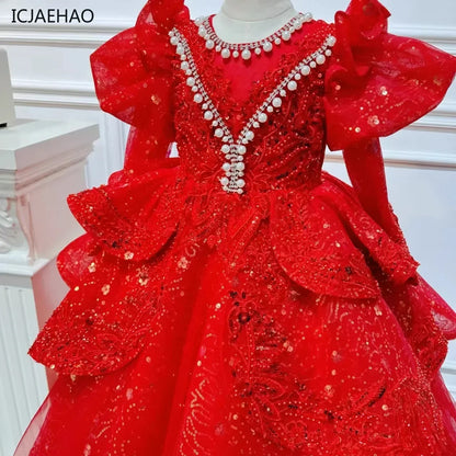 2025, Kinderkleid, Performance-Outfit, Mädchen, Blumenmädchen, Geburtstag, Prinzessin, Kleider, glitzernde Pailletten, geschwollene Partykleidung, Kinderkleid, Rot.