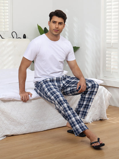 3Pcs Men's 100% Cotton Plaid Pajama Sleeping Pants, Long Plaid Print Sleepwear Pajama Pants with Elastic Waist Homewear.